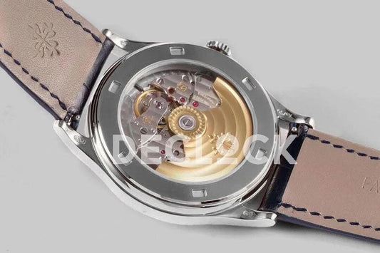 Replica Pattek Philippe Calatrava 5296 Steel White Dial on Blue Leather Strap | Declock.