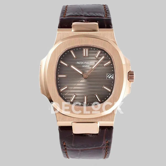 Replica Pattek Philippe Nautilus 5711 Rose Gold Gray Dial on Brown Leather Strap | Declock.