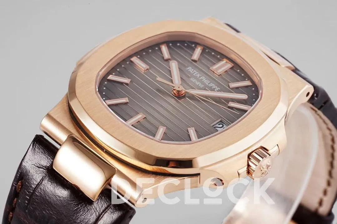 Replica Pattek Philippe Nautilus 5711 Rose Gold Gray Dial on Brown Leather Strap |  Declock.