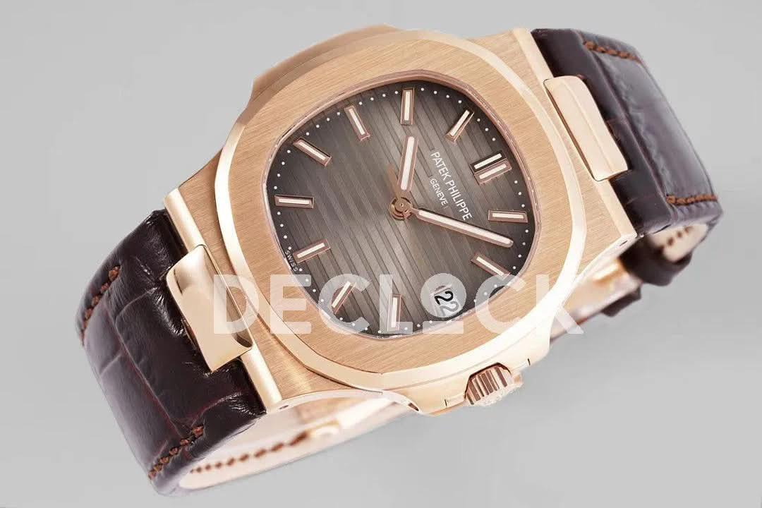 Replica Pattek Philippe Nautilus 5711 Rose Gold Gray Dial on Brown Leather Strap |  Declock.
