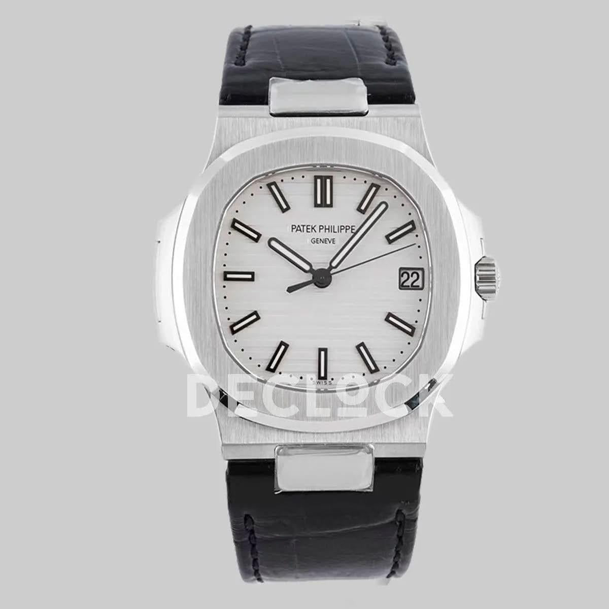 Replica Pattek Philippe Nautilus 5711 White Dial on Black Leather Strap |  Declock.