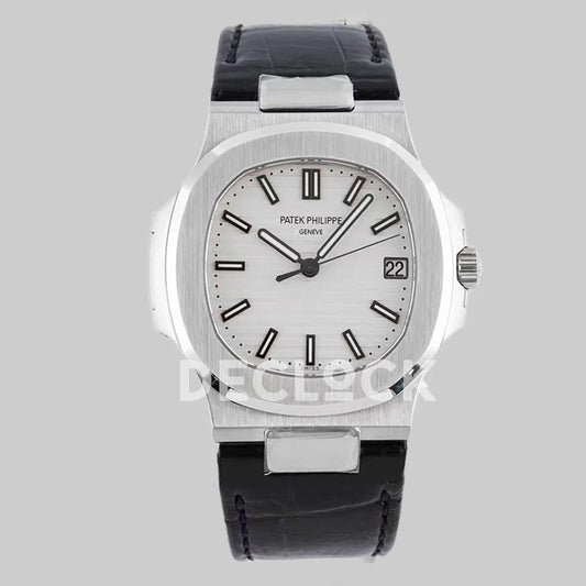 Replica Pattek Philippe Nautilus 5711 White Dial on Black Leather Strap |  Declock.