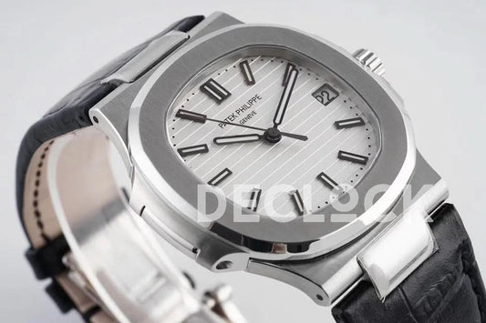 Replica Pattek Philippe Nautilus 5711 White Dial on Black Leather Strap |  Declock.