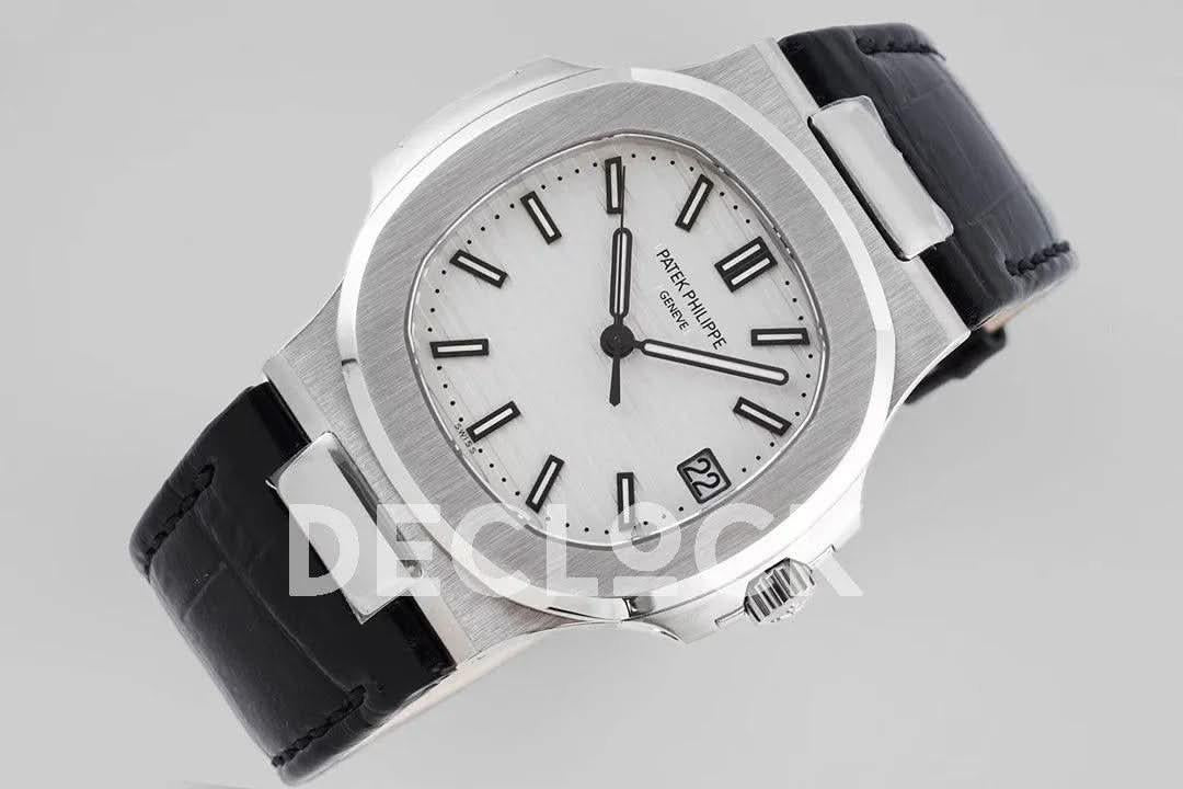 Replica Pattek Philippe Nautilus 5711 White Dial on Black Leather Strap |  Declock.