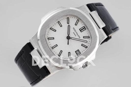 Replica Pattek Philippe Nautilus 5711 White Dial on Black Leather Strap |  Declock.