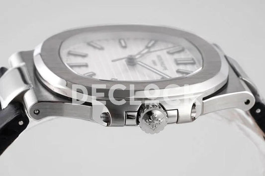 Replica Pattek Philippe Nautilus 5711 White Dial on Black Leather Strap |  Declock.