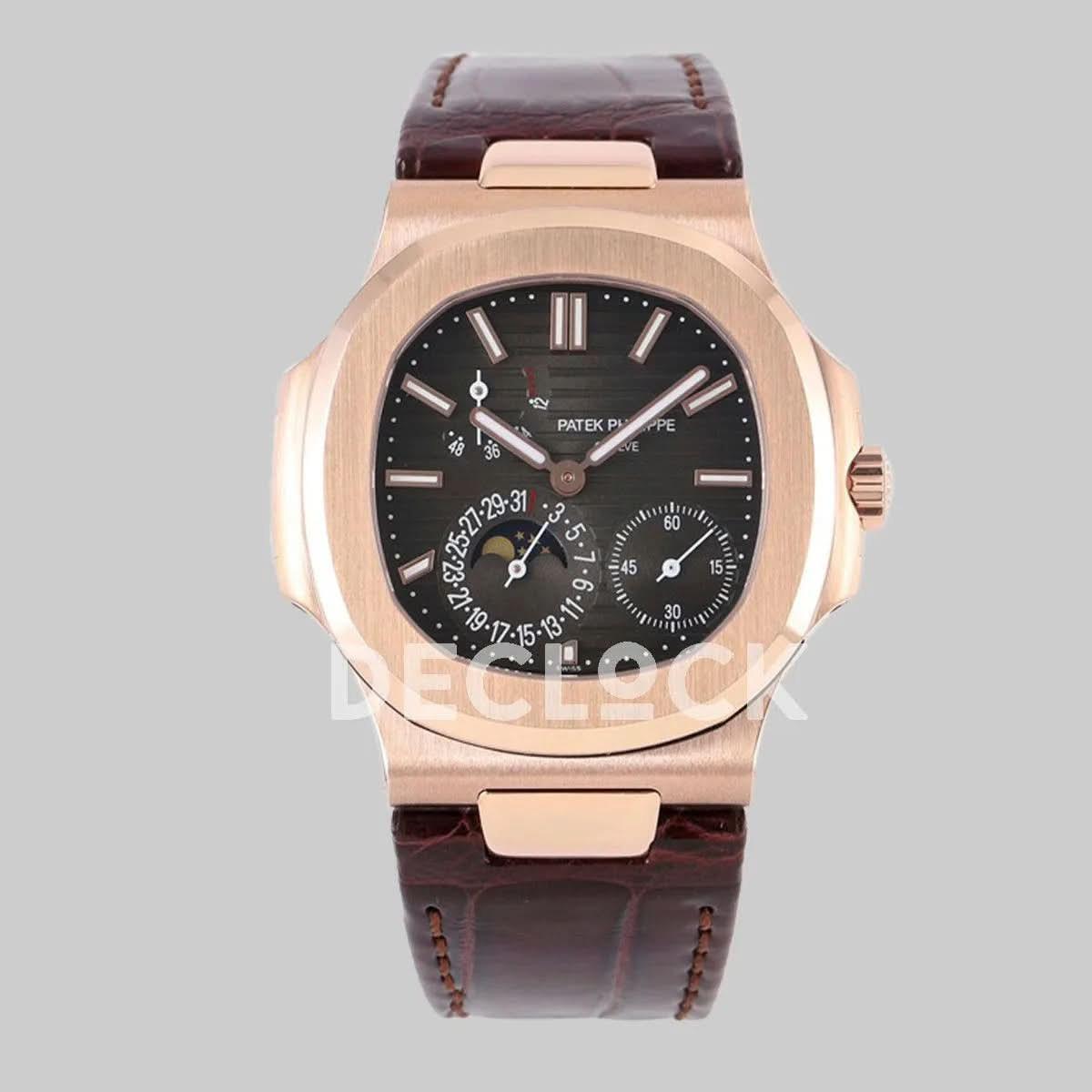 Replica Pattek Philippe Nautilus 5712 Rose Gold Gray Dial on Brown Leather |  Declock.