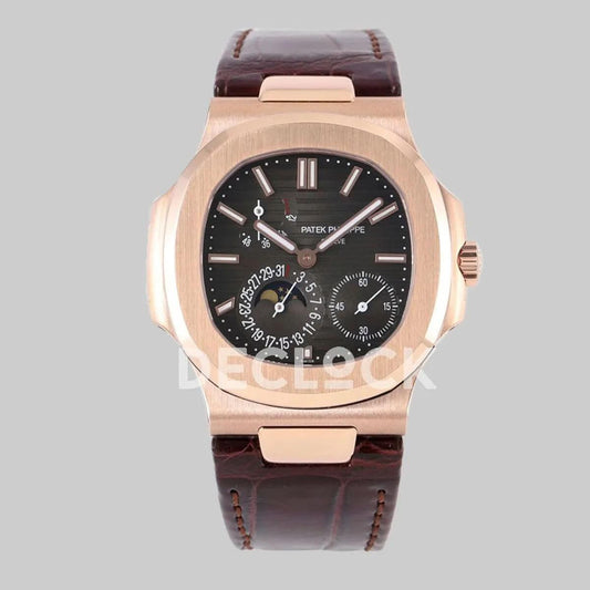 Replica Pattek Philippe Nautilus 5712 Rose Gold Gray Dial on Brown Leather |  Declock.