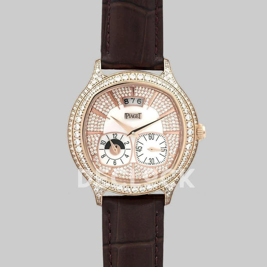 Replica Piaget Black Tie Emperador Cushion White Dial in Rose Gold with Diamond Bezel and Dial |  Declock.