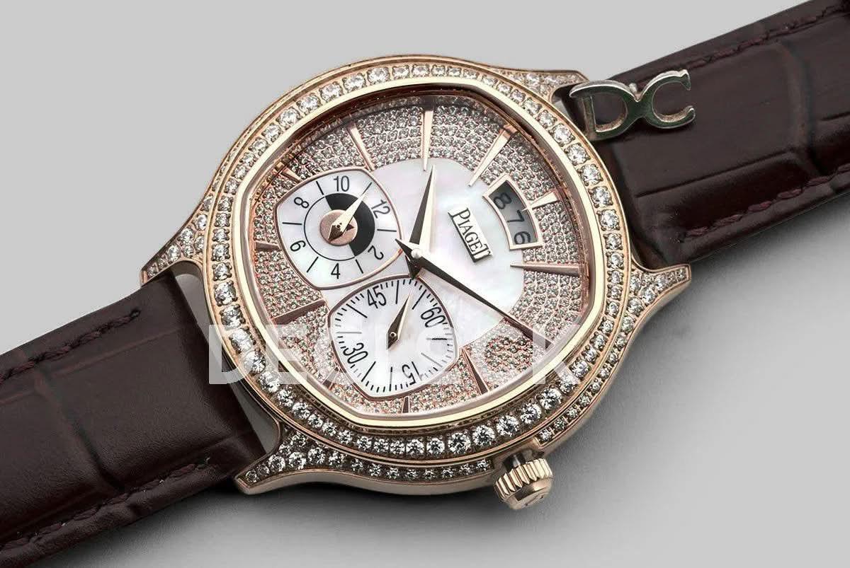 Replica Piaget Black Tie Emperador Cushion White Dial in Rose Gold with Diamond Bezel and Dial |  Declock.