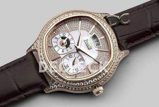 Replica Piaget Black Tie Emperador Cushion White Dial in Rose Gold with Diamond Bezel and Dial |  Declock.