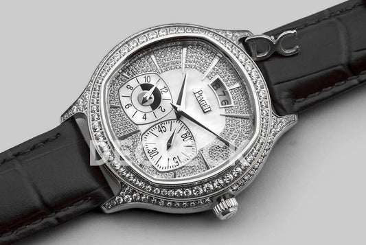 Replica Piaget Black Tie Emperador Cushion White Dial in Steel with Diamond Bezel and Dial | Declock.