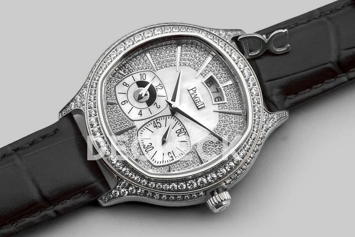 Replica Piaget Black Tie Emperador Cushion White Dial in Steel with Diamond Bezel and Dial |  Declock.