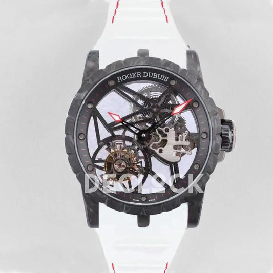 Replica Roger Dubuis Excalibur Carbon Skeleton Flying Tourbillon with White Rubber Strap |  Declock.