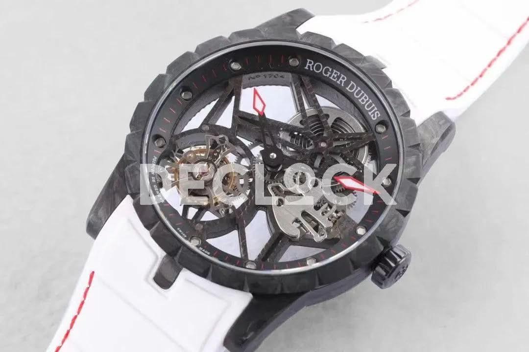 Replica Roger Dubuis Excalibur Carbon Skeleton Flying Tourbillon with White Rubber Strap |  Declock.
