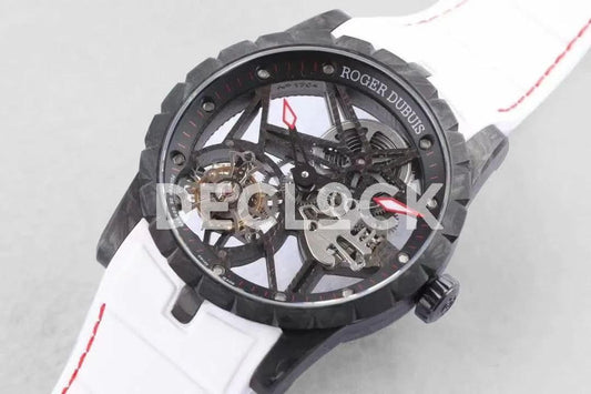 Replica Roger Dubuis Excalibur Carbon Skeleton Flying Tourbillon with White Rubber Strap | Declock.