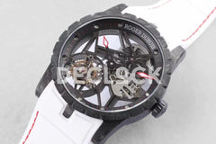 Replica Roger Dubuis Excalibur Carbon Skeleton Flying Tourbillon with White Rubber Strap