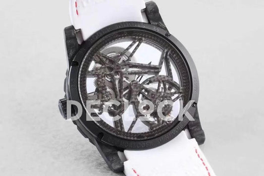 Replica Roger Dubuis Excalibur Carbon Skeleton Flying Tourbillon with White Rubber Strap |  Declock.