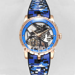 Replica Roger Dubuis Excalibur Spider Skeleton Flying Tourbillon in Rose Gold with Blue/Black Rubber Strap