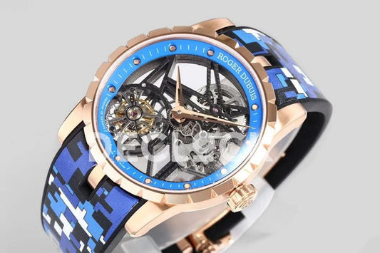Replica Roger Dubuis Excalibur Spider Skeleton Flying Tourbillon in Rose Gold with Blue/Black Rubber Strap | Declock.