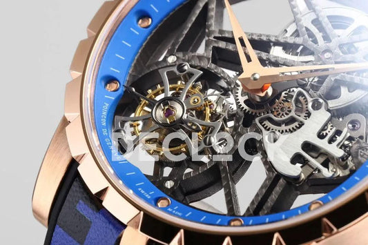 Replica Roger Dubuis Excalibur Spider Skeleton Flying Tourbillon in Rose Gold with Blue/Black Rubber Strap |  Declock.