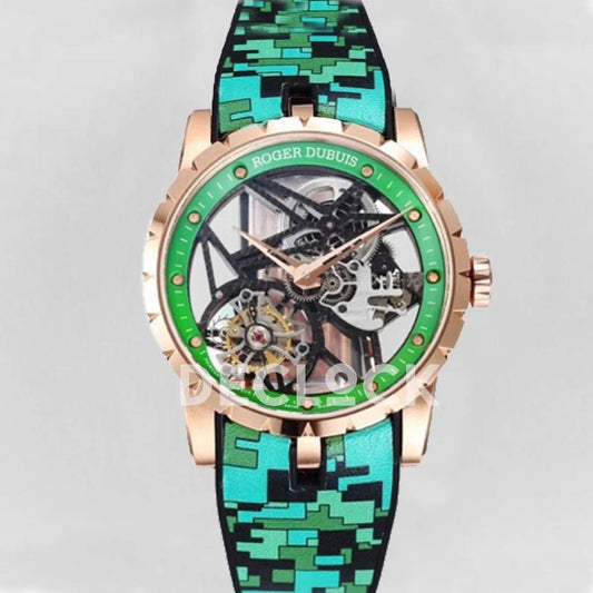 Replica Roger Dubuis Excalibur Spider Skeleton Flying Tourbillon in Rose Gold with Green/Black Rubber Strap |  Declock.