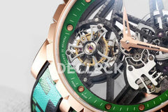 Replica Roger Dubuis Excalibur Spider Skeleton Flying Tourbillon in Rose Gold with Green/Black Rubber Strap