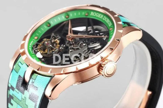 Replica Roger Dubuis Excalibur Spider Skeleton Flying Tourbillon in Rose Gold with Green/Black Rubber Strap | Declock.