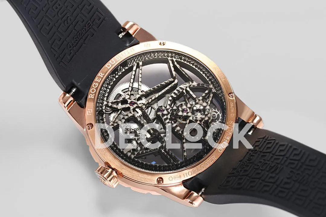 Replica Roger Dubuis Excalibur Spider Skeleton Flying Tourbillon in Rose Gold with Green/Black Rubber Strap