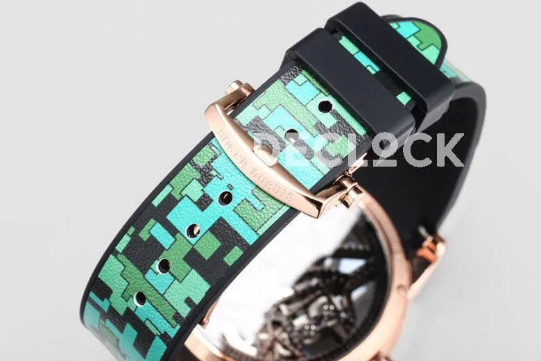 Replica Roger Dubuis Excalibur Spider Skeleton Flying Tourbillon in Rose Gold with Green/Black Rubber Strap