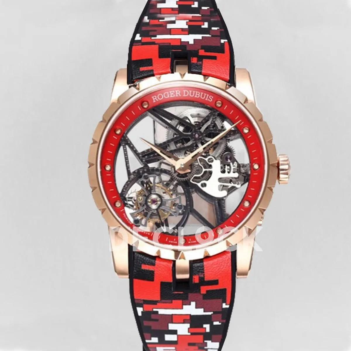 Replica Roger Dubuis Excalibur Spider Skeleton Flying Tourbillon in Rose Gold with Red/Black Rubber Strap |  Declock.
