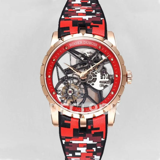 Replica Roger Dubuis Excalibur Spider Skeleton Flying Tourbillon in Rose Gold with Red/Black Rubber Strap |  Declock.