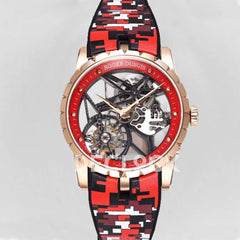 Replica Roger Dubuis Excalibur Spider Skeleton Flying Tourbillon in Rose Gold with Red/Black Rubber Strap