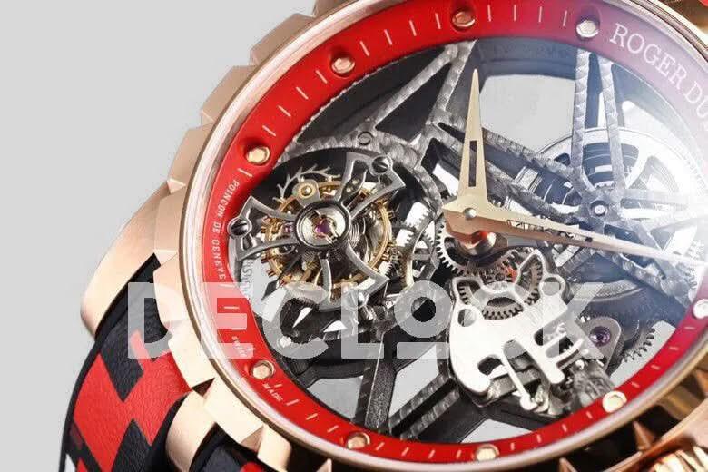 Replica Roger Dubuis Excalibur Spider Skeleton Flying Tourbillon in Rose Gold with Red/Black Rubber Strap |  Declock.
