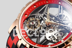 Replica Roger Dubuis Excalibur Spider Skeleton Flying Tourbillon in Rose Gold with Red/Black Rubber Strap