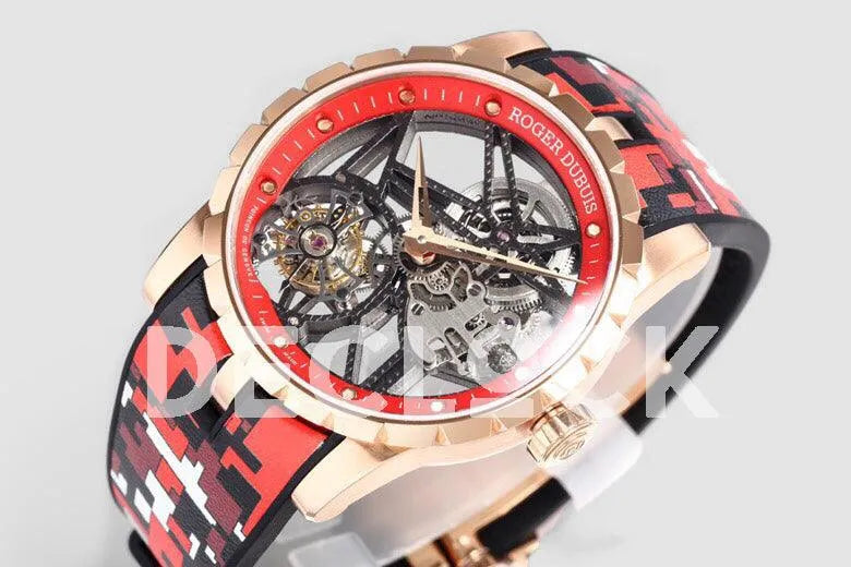 Replica Roger Dubuis Excalibur Spider Skeleton Flying Tourbillon in Rose Gold with Red/Black Rubber Strap