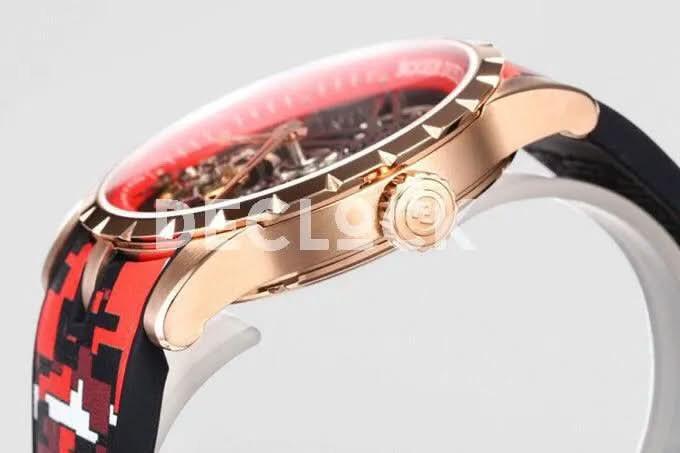 Replica Roger Dubuis Excalibur Spider Skeleton Flying Tourbillon in Rose Gold with Red/Black Rubber Strap |  Declock.