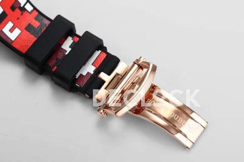 Replica Roger Dubuis Excalibur Spider Skeleton Flying Tourbillon in Rose Gold with Red/Black Rubber Strap |  Declock.