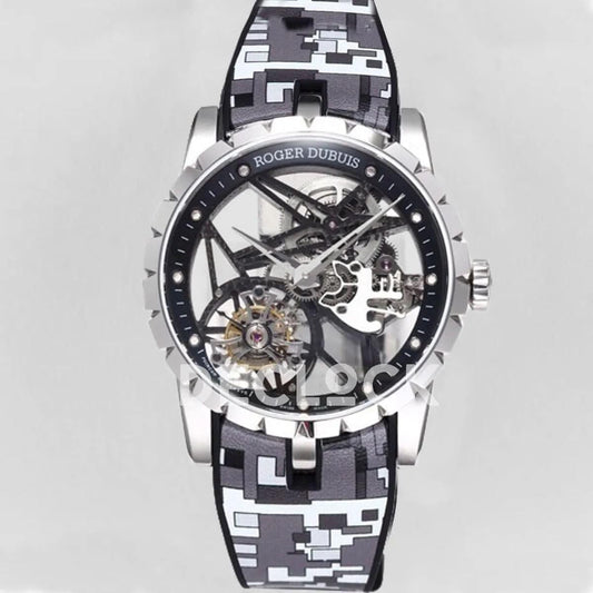 Replica Roger Dubuis Excalibur Spider Skeleton Flying Tourbillon in Steel with Gray/Black Rubber Strap |  Declock.