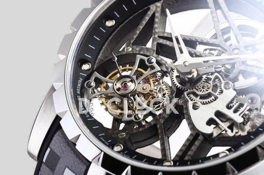 Replica Roger Dubuis Excalibur Spider Skeleton Flying Tourbillon in Steel with Gray/Black Rubber Strap |  Declock.