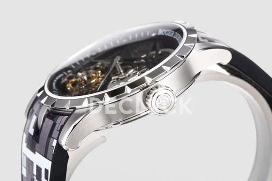 Replica Roger Dubuis Excalibur Spider Skeleton Flying Tourbillon in Steel with Gray/Black Rubber Strap | Declock.