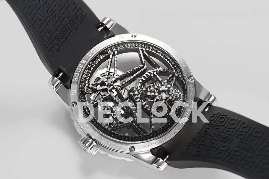 Replica Roger Dubuis Excalibur Spider Skeleton Flying Tourbillon in Steel with Gray/Black Rubber Strap |  Declock.
