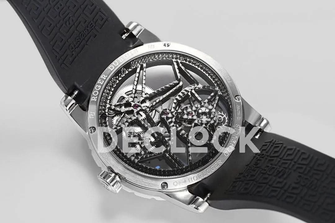 Replica Roger Dubuis Excalibur Spider Skeleton Flying Tourbillon in Steel with Gray/Black Rubber Strap