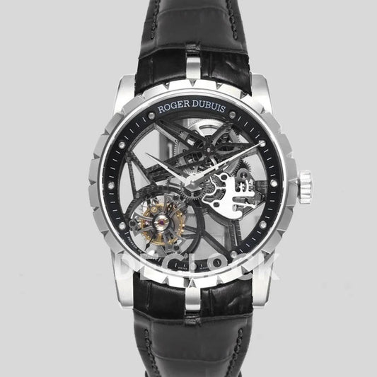Replica Roger Dubuis Excalibur Spider Skeleton Flying Tourbillon with Black Leather Strap |  Declock.