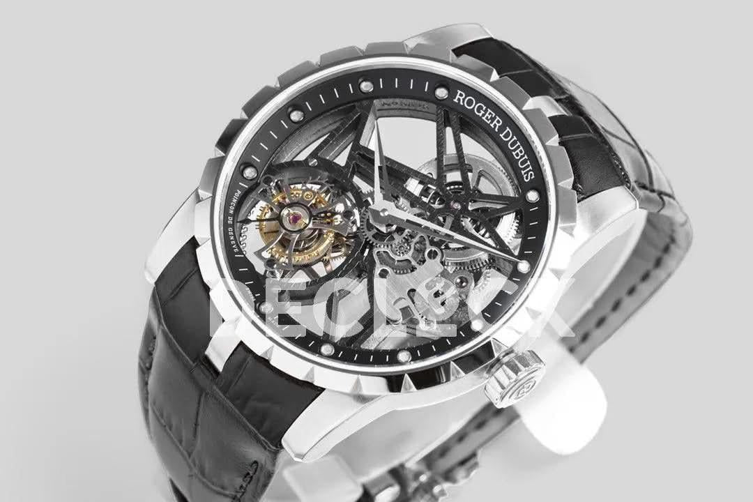 Replica Roger Dubuis Excalibur Spider Skeleton Flying Tourbillon with Black Leather Strap |  Declock.