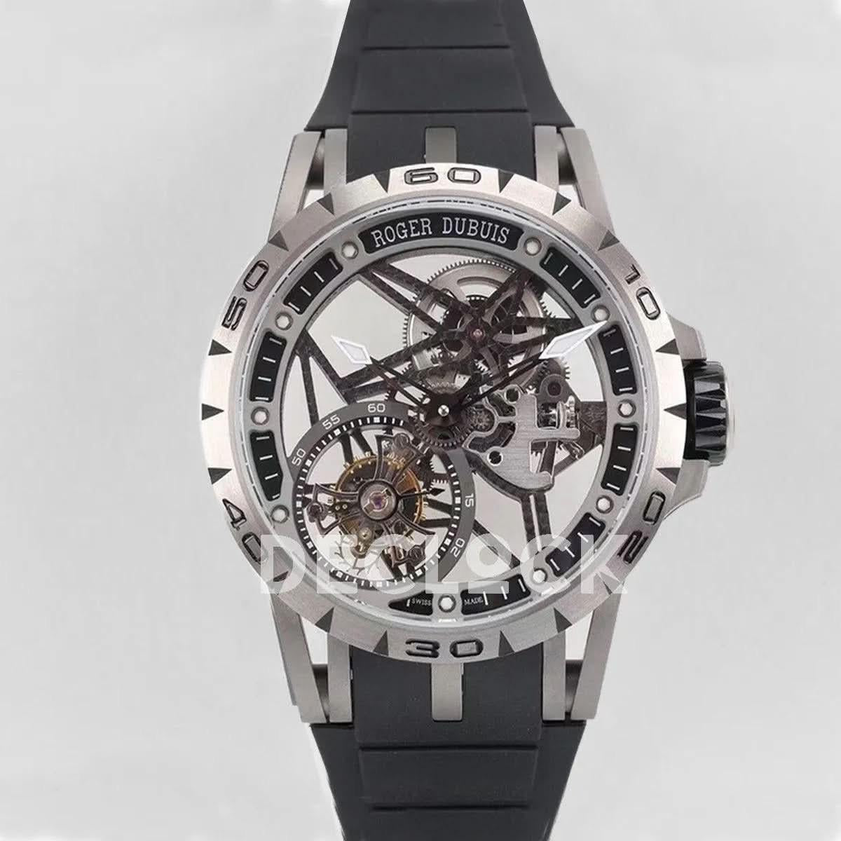 Replica Roger Dubuis Excalibur Spider Skeleton Flying Tourbillon with Black Rubber Strap |  Declock.