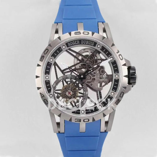 Replica Roger Dubuis Excalibur Spider Skeleton Flying Tourbillon with Blue Rubber Strap | Declock.