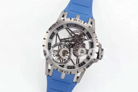 Replica Roger Dubuis Excalibur Spider Skeleton Flying Tourbillon with Blue Rubber Strap | Declock.
