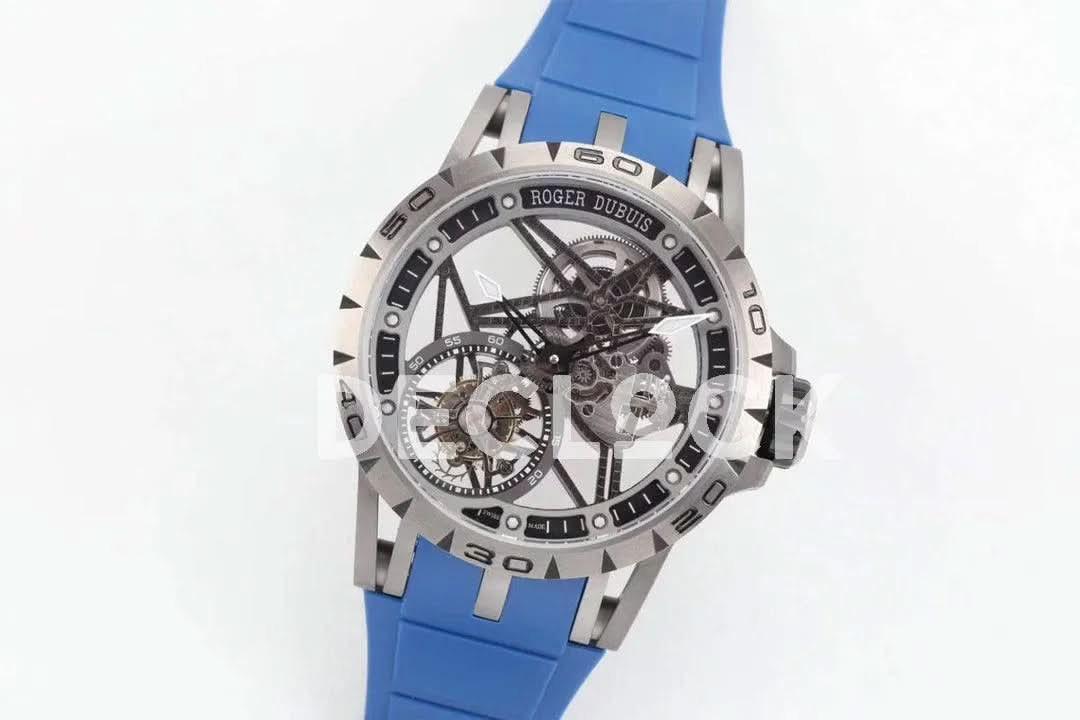 Replica Roger Dubuis Excalibur Spider Skeleton Flying Tourbillon with Blue Rubber Strap |  Declock.