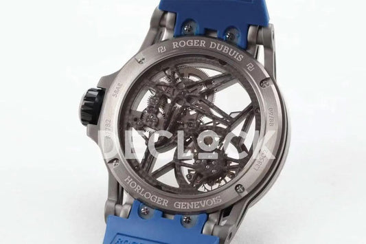 Replica Roger Dubuis Excalibur Spider Skeleton Flying Tourbillon with Blue Rubber Strap | Declock.